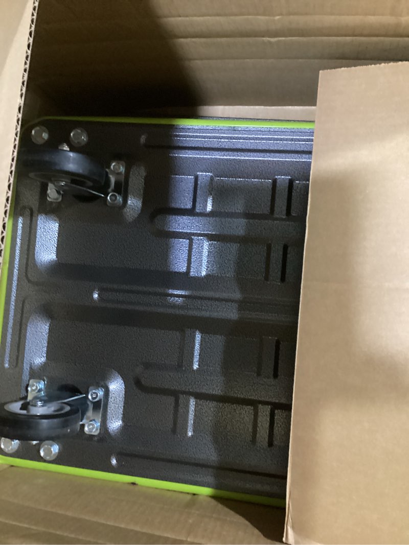 Condition photo showing As Is for Heavy Duty Push Cart Dolly (700 lbs), Foldable Platform Hand Truck Made with High-Strength Steel, 2 Tier Design, Moving Flatbed Cart with Wheels for Warehouse, Garage, Workshop, Office With Logo