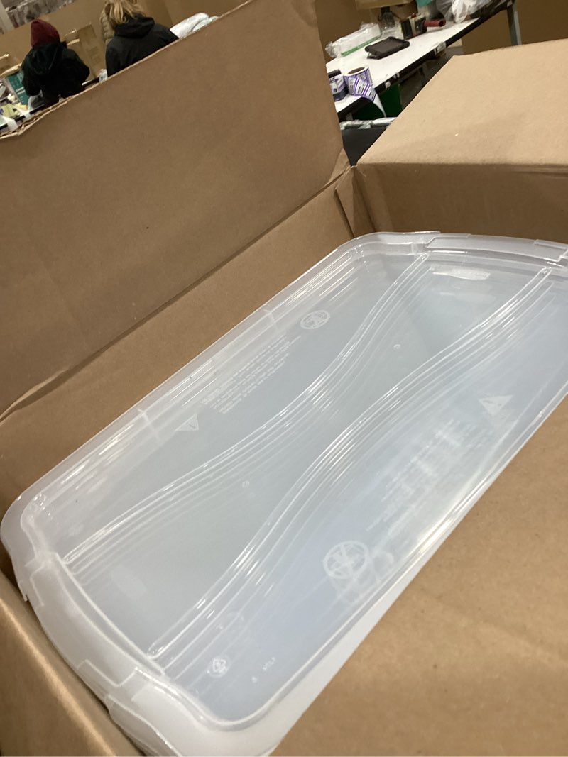 Condition photo showing As Is for Rubbermaid Cleverstore Clear 32 Qt, 6 Pack Stackable Plastic Storage Bins with Lids, Great for Closet and Laundry Storage, Organizing in the Home 32 Qt – 6 Pack