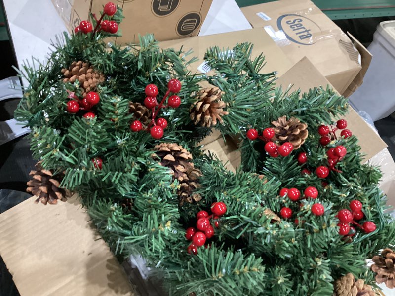 Condition photo showing As Is for similar ))))6ft/1.8m led christmas pre-lit garland,artificial wreath with bowknot red berries pine cones,christmas garlands suitable for fireplace/bar/tops/staircase/door(no battery)