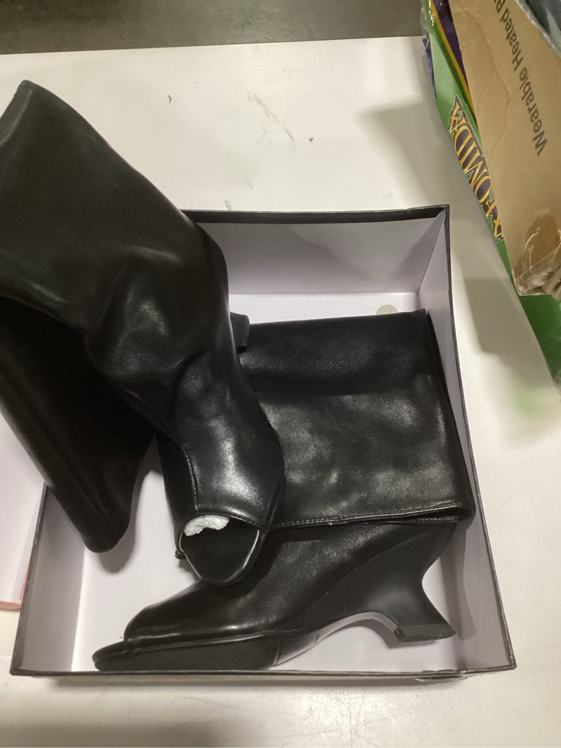 Condition photo showing Good Condition for FancyQueen Open Toe Knee High Boots for Women Suede Wide Calf Peep Toe Wedge Heels Slouchy Tall Boots Pull On High Heel Long Booties 7.5 Black Pu