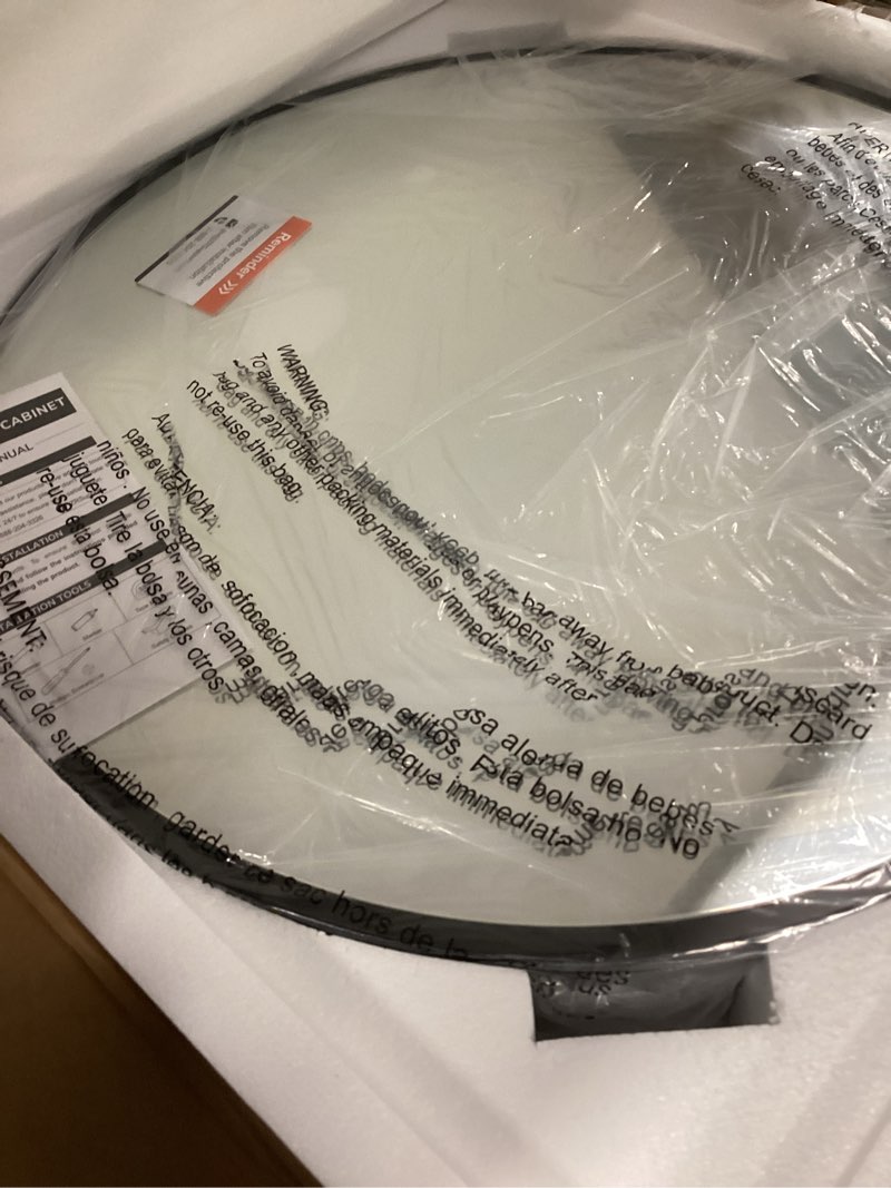 Condition photo showing New/Like New for Keonjinn 24 x 24 In Round Medicine Cabinets for Bathroom, Black Mirror Surface Mount Medicine Cabinet, Circle Black Medicine Cabinet with Mirror, Adjustable Shelves Framed Bathroom Mirror with Storage Black Round 24 Inch