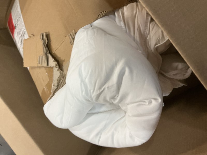 Condition photo showing As Is for amazon basics white down alternative comforter and duvet insert with corner tabs, machine washable, full/queen, all-season full/queen all-season