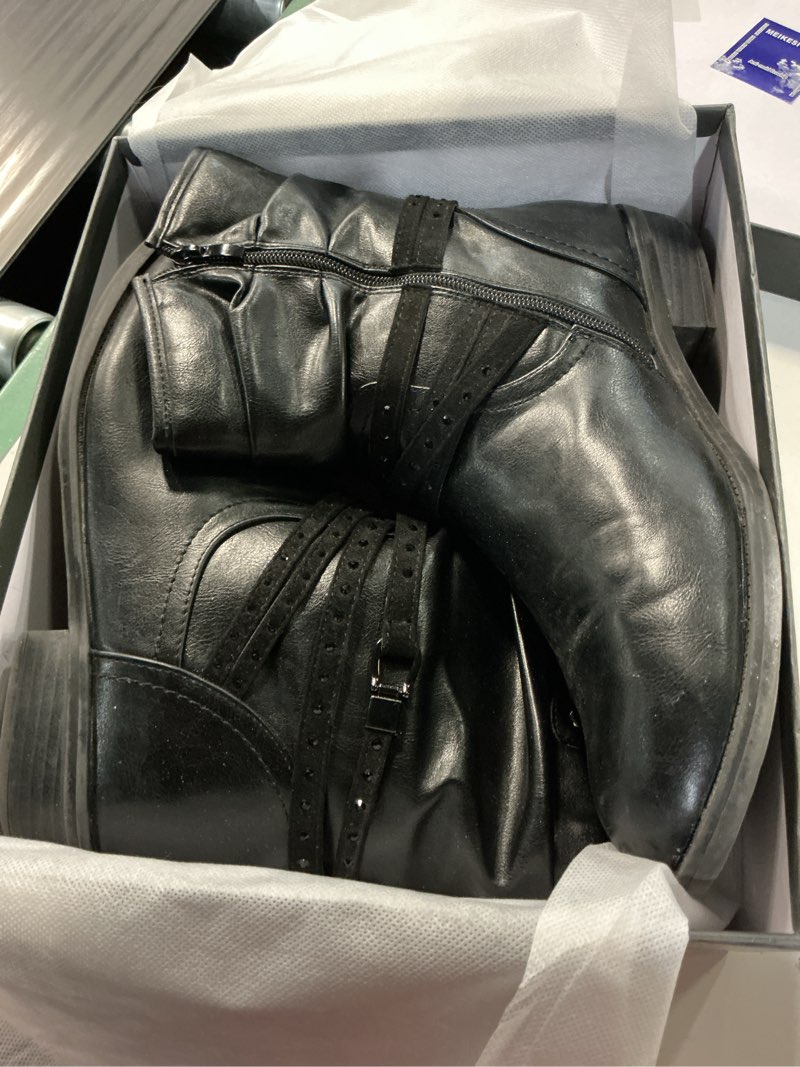 Condition photo showing As Is for vjh confort women's mid calf boot,round toe low heel comfort slouchy bootie with side zipper buckle strap 10.5 blacksmooth