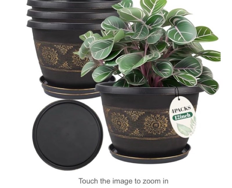 Pots, Retro Pattern Planters with Drainage Holes and Saucer, Sturdy Plastic Garden Flower Pots for Indoor & Outdoor Plants Gold