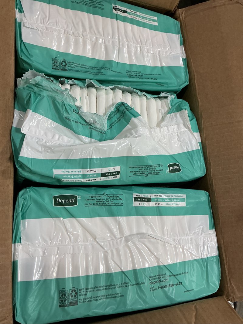 Condition photo showing Good Condition for depend adult diapers with tabs, incontinence protection with tabs, unisex, small/medium (19–34" waist, up to 170 lbs), maximum absorbency, 60 count (3 packs of 20) small/medium 60