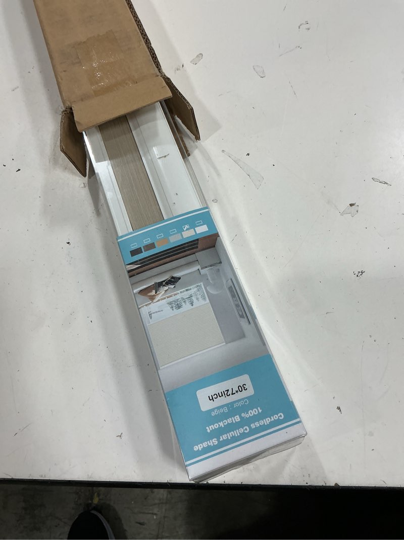 Condition photo showing New/Like New for changshade cordless cellular shades, blackout room darkening black out honeycomb blinds for indoor windows bedroom, pull down pleated accordion blind easy install, shade size 30" wx72 h, beige blackout beige 30" w x 72" h