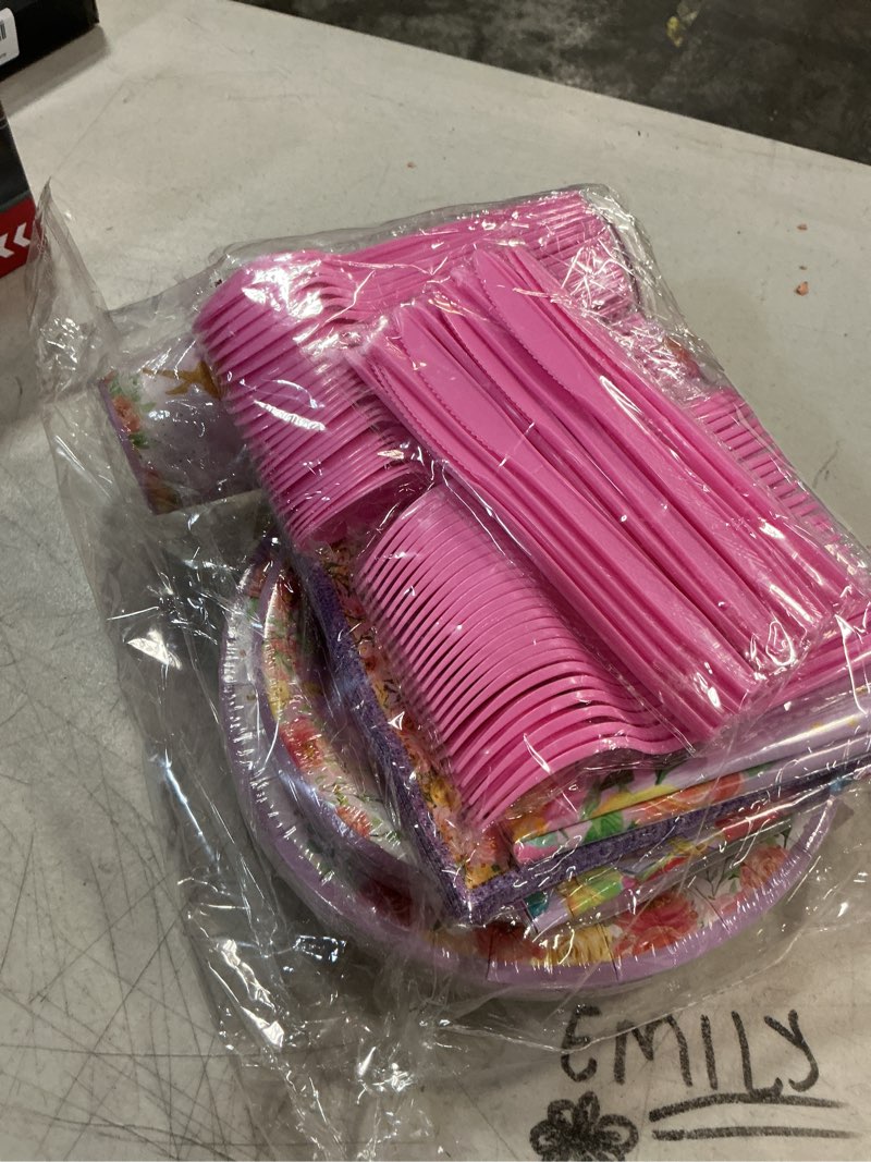 Condition photo showing New/Like New for 170pcs fairy birthday party plates napkins party supplies paper cups tablecloths knives forks spoons disposable tableware set serve 24 guests