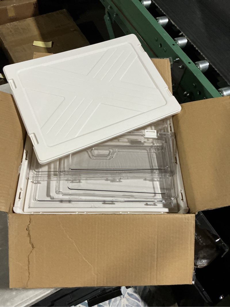 Condition photo showing Good Condition for Clear Storage Bin with Lid 3 Pack ?Stackable & Sturdy? Plastic Multifunctional Folding Storage Bins for Bedroom, Living Room, Study,Room, 23 QT Folding Box with Magnetic Door White 3 Tier-3 Lids