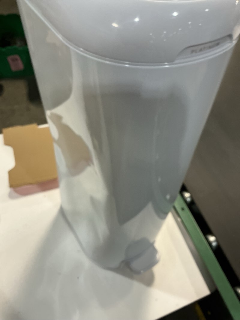 Condition photo showing As Is for diaper genie platinum pail (lily white) is made in durable stainless steel and includes 1 easy roll refill with 18 bags that can last up to 5 months.