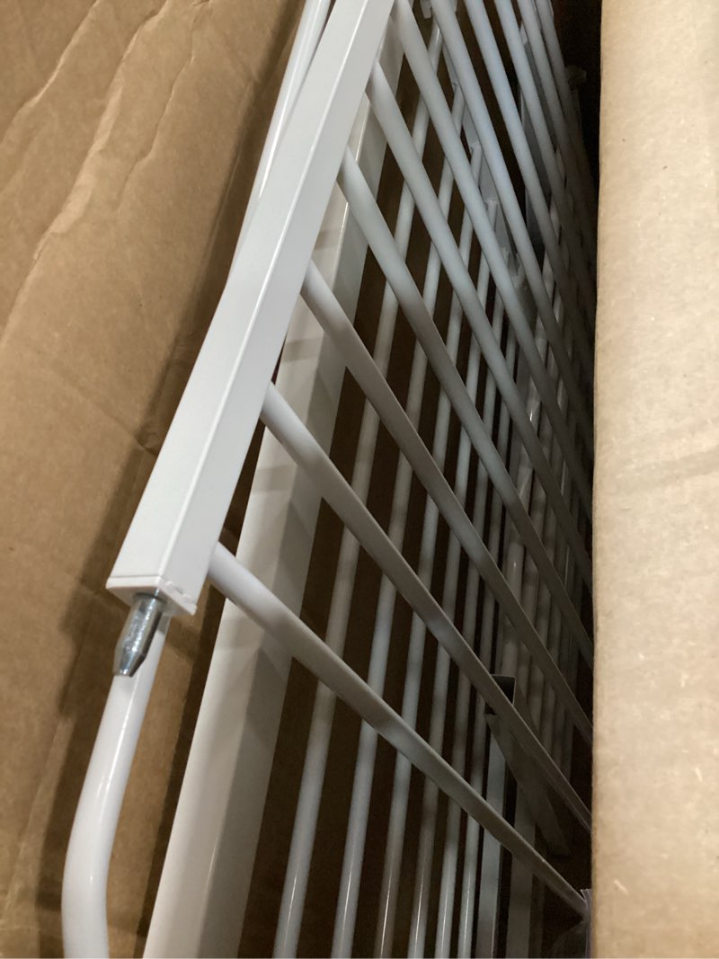 Condition photo showing As Is for regalo safety 38" baby gate for doorways & bottom of stairs, pressure mount design for babies, toddlers & pets, tested & safe for 30 years, american designed, american owned, white white 29-38.5"w x 30"h