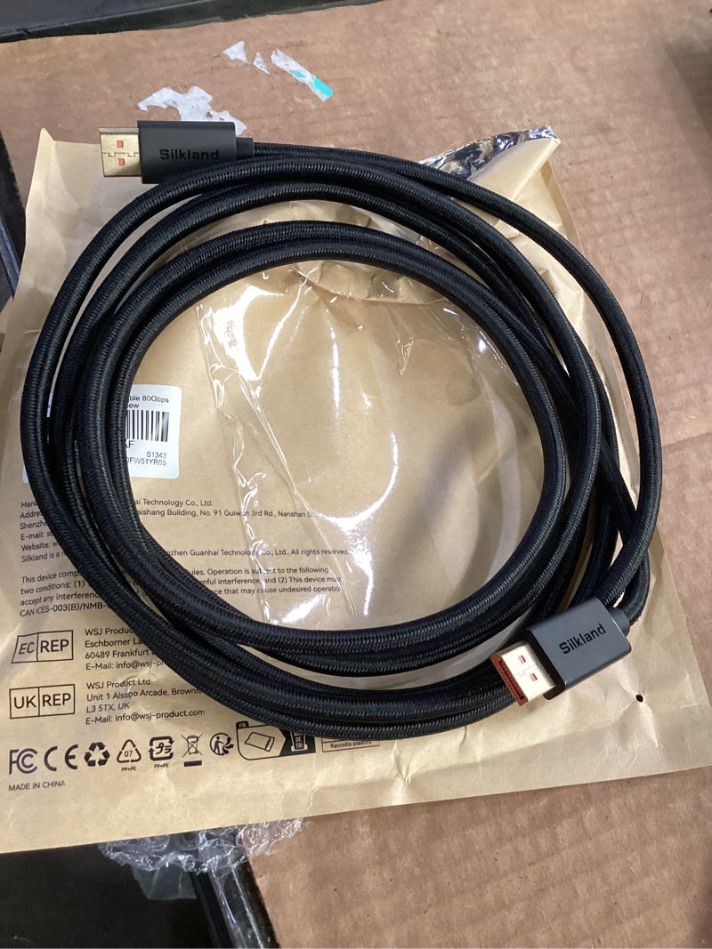 Condition photo showing As Is for silkland 80gbps displayport cable 2.1 10ft, [secure latch], [16k@60hz, 8k@240hz, 4k@480hz 240hz] display port cord, ultra high speed dp80 hdr dsc1.2a for freesync g-sync gaming monitor 5090 7900xtx