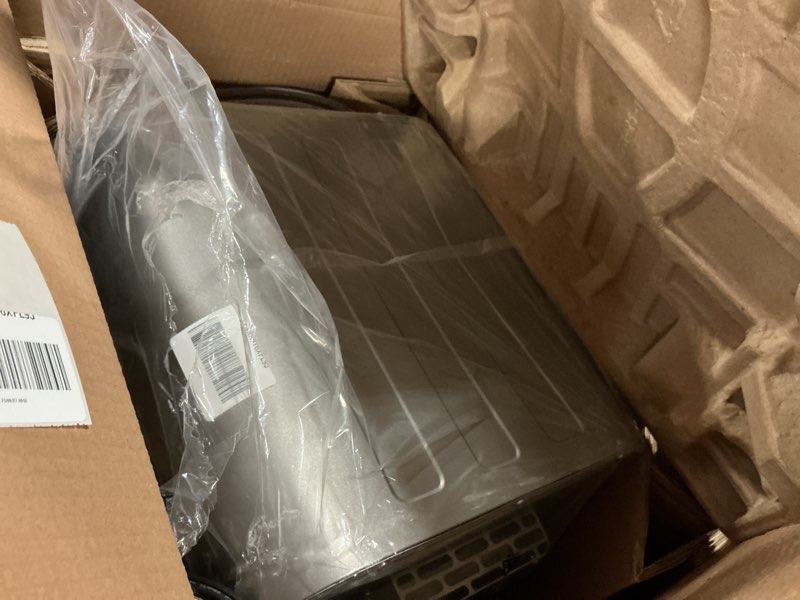 Condition photo showing As Is for cuisinart compact air fryer toaster oven, stainless steel fryer with 6-in-1 functions, adjustable temperature, includes oven rack, baking pan and air fry basket, toa-26 compact air fryer oven stainless steel
