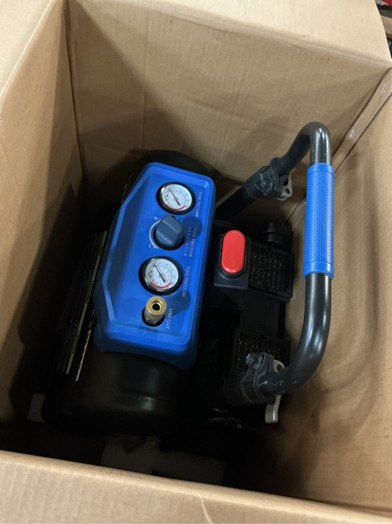 Condition photo showing As Is for kobalt quiet tech 4.3-gallon portable electric 150 psi twin stack air compressor