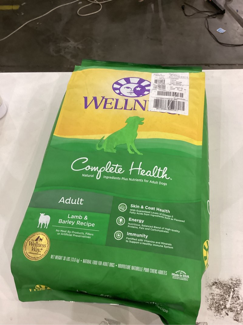 Condition photo showing New/Like New for wellness complete health dry dog food with grains, made in usa with real meat & natural ingredients, all breeds, adult dogs (lamb & barley, 30-lb) – with nutrients for immune, skin, & coat support, 30.00 pound (pack of 1)