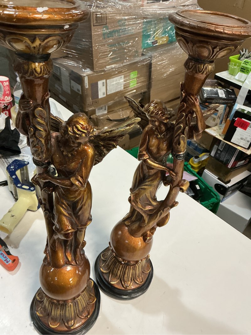 Condition photo showing Good Condition for Glorieux Angels Candleholders Aged Gold Set of Two