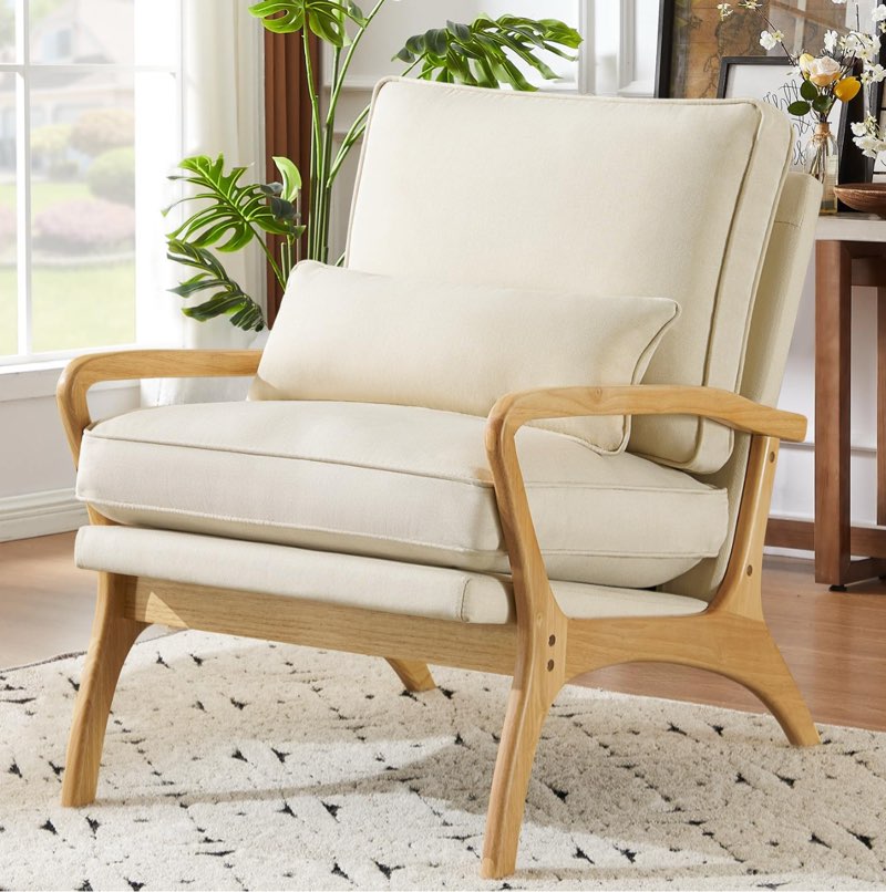 UBesGoo Modern Arm Chair Linen Fabric Upholstered Comfy Reading Accent Chair with Solid Wood Frame Beige