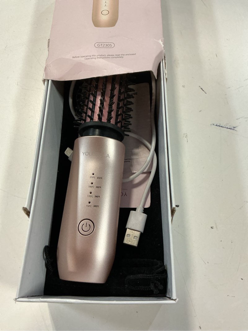 Condition photo showing As Is for youbella cordless hair curling iron brush, mini travel hot straightener comb, 3-in-1 portable wave curling wand, 1.5? ionic heated brush, usb rechargeable hair curler, pink – no automatic rotation
