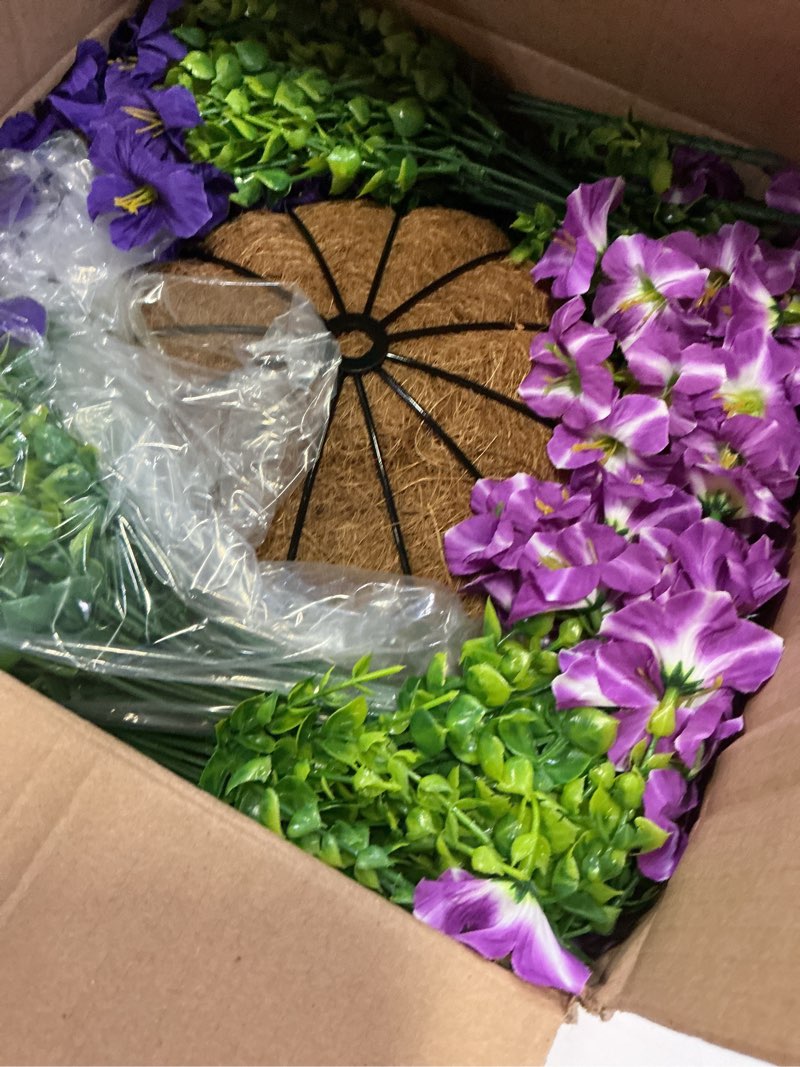 Condition photo showing New/Like New for inspring artificial outdoor flowers hanging baskets faux plants summer decoration, uv resistant fake silk morning glory in planter look real petunias for outside patio porch balcony garden home, 2mix darkpurple fuchsia