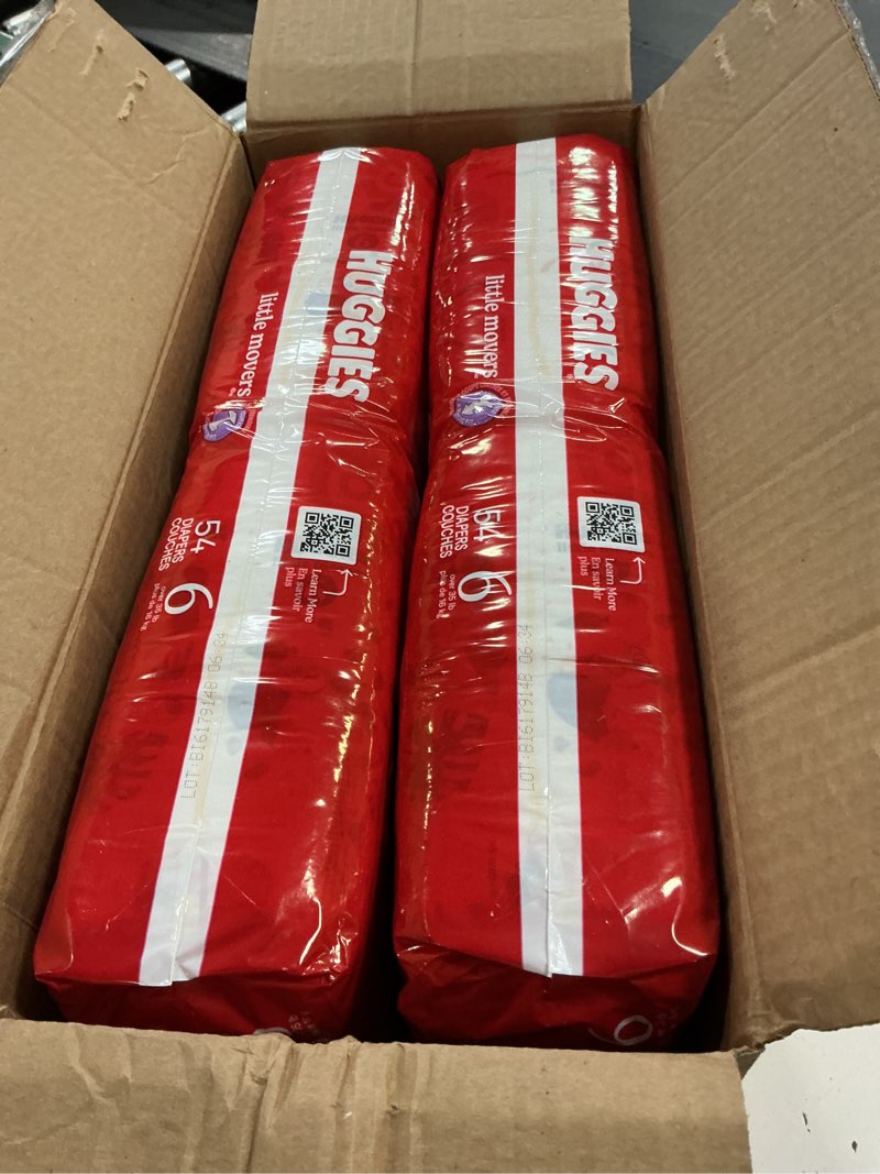 Condition photo showing New/Like New for huggies size 6 diapers, little movers baby diapers, size 6 (35+ lbs), 108 count (2 packs of 54), packaging may vary size 6 108