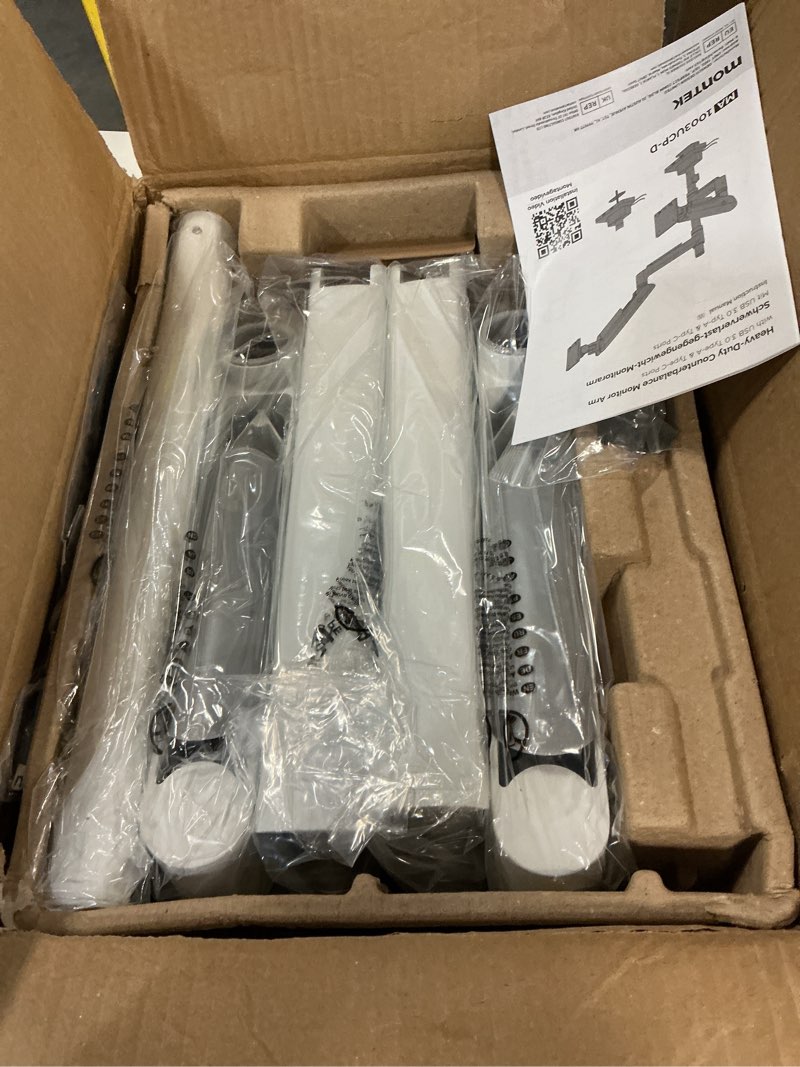 Condition photo showing New/Like New for montek sleek aluminum monitor arm for 17–57” ultrawide screens up to 59.4 lbs, usb 3.0 a/c, heavy duty dual monitor arm desk mount, pneumatic lift, quick-release plate, clamp/grommet, max vesa 100x100 white dual arm with usb 3.0 a & c