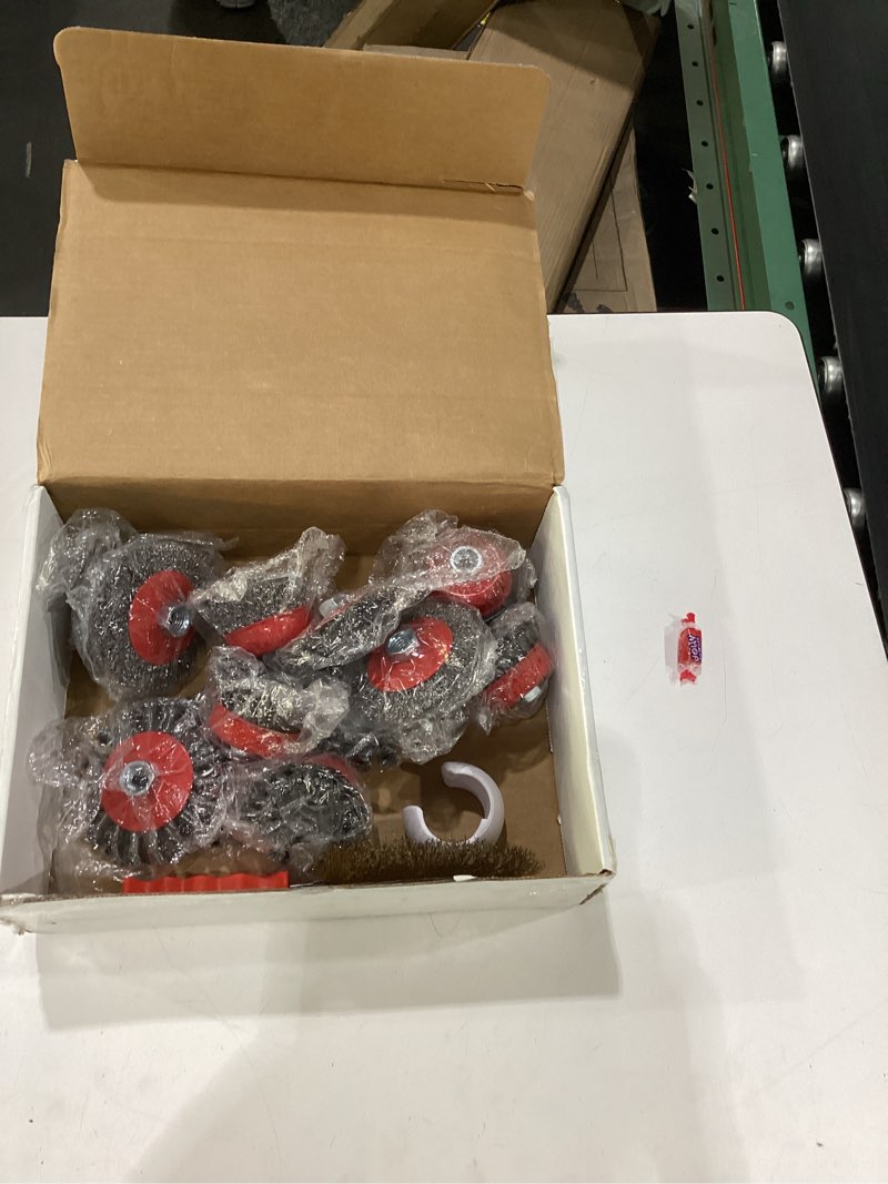 Condition photo showing New/Like New for 8 pack wire wheel for angle grinder, 4-1/2" heavy duty carbon steel knotted wire brush, 5/8"-11 arbor, rapid rust removal & polishing, angle grinder wheel brush combo set