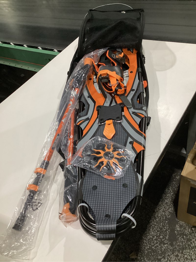 Condition photo showing Good Condition for G2 36 Inches Light Weight Snowshoes with Toe Box, EVA Padded Ratchet Binding, Heel Lift, Flexible Pivot Bar, Durable Back Strap, Set with Trekking Poles, Carrying Bag, Snow Baskets, Orange