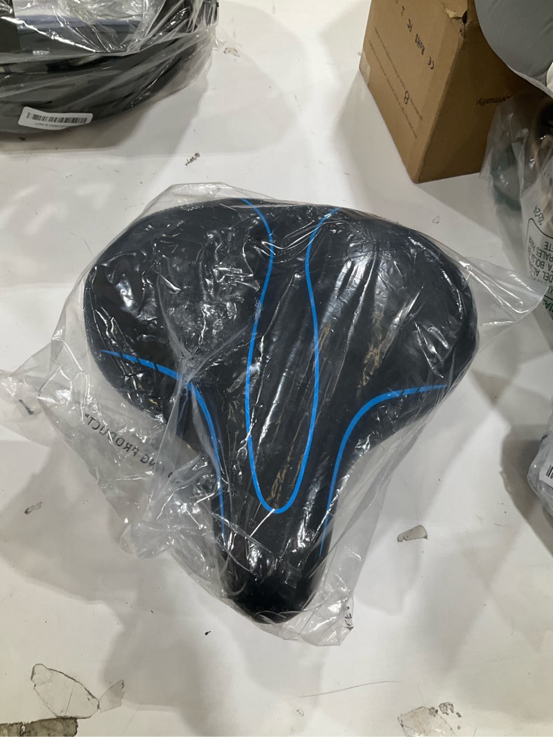 Condition photo showing Good Condition for oversized bike seat, wide bicycle seat for women men comfort, universal waterproof bike saddle replacement with safety reflective strip for peloton, exercise bikes, cruiser, city bikes black/blue