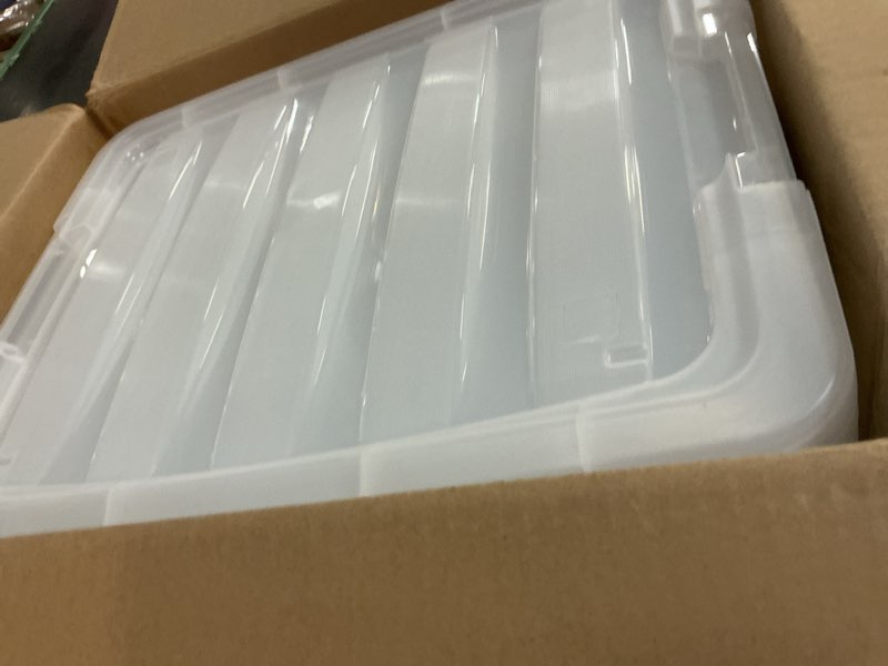 Condition photo showing As Is for (Incomplete missing one piece). IRIS USA 32 Qt Stackable Plastic Storage Bins with Lids, 4 Pack - BPA-Free, Made in USA - See-Through Organizing Solution, Latches, Durable Nestable Containers, Secure Pull Handle - Clear Clear 32 Qt 4 Pack