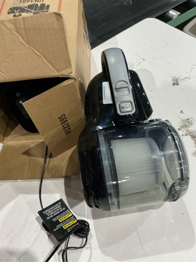 Condition photo showing As Is for black+decker dust buster pivot vac handheld vacuum cordless, car vacuum portable rechargeable, extendible crevice tool and 200 degree pivoting nozzle, strong suction, lightweight (bdh2000pl)