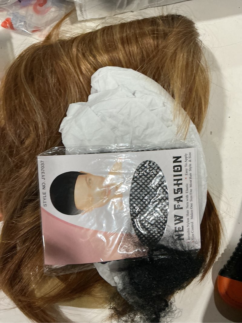 Condition photo showing As Is for renershow layered mid-length bob wig with bangs straight auburn highlighted synthetic wigs for white women 12inch warm orange blend hair with dark roots average size natural daily party wig auburn highlighted/orange