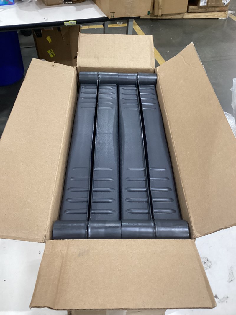 Condition photo showing Good Condition for plano 4-shelf plastic storage shelves, 48” x 23” x 14”, 200lb capacity, pantry, office, closet and garage shelves, easy to assemble, durable plastic shelving unit