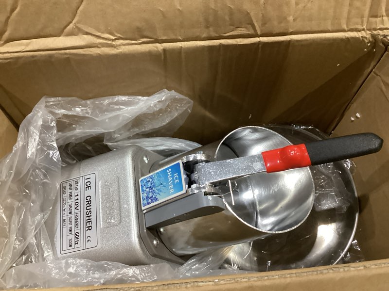 Condition photo showing As Is for shaved ice machine 300w electric ice crusher 4 blades ice crusher shaver 2200 rpm snow cone machine 286 lbs/hr ice shaving machine for home and commercial 4 blades - 230 lbs/h