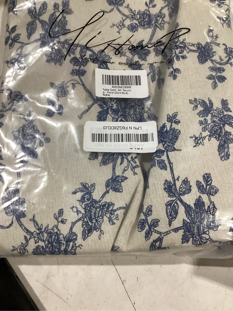 Condition photo showing Good Condition for yihomer pastoral round tablecloth - 60 inch dia. table cloth - washable table cover with dust-proof wrinkle resistant for restaurant, picnic, indoor and outdoor dining, floral (dark blue) 60" (round) a - floral (dark blue)