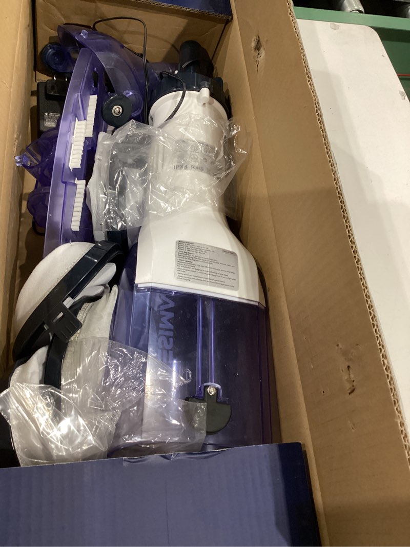 Condition photo showing As Is for handheld pool vacuum, jesimaik rechargeable pool vacuum cleaner with 18.5 gpm, 60 min runtime, telescopic pole, ideal cordless pool vacuum for above ground pool, inground pool, spas, hot tubs blue