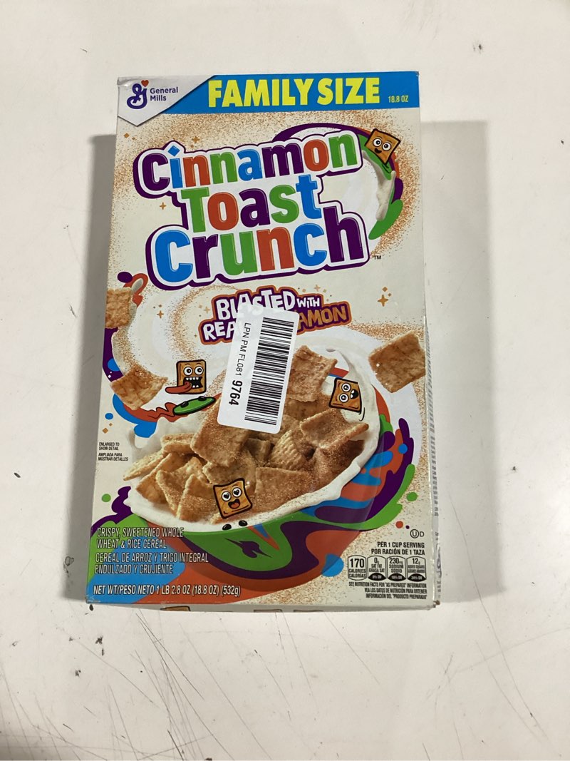Condition photo showing New/Like New for cinnamon toast crunch breakfast cereal, crispy cinnamon cereal, family size, 18.8 oz