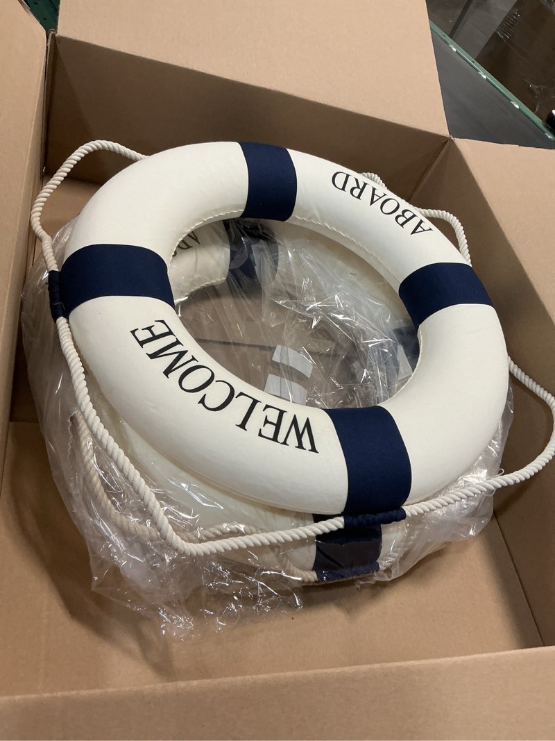 Condition photo showing Good Condition for 2 pcs lifebuoy wall hanging decor large life preserver ring decorative welcome aboard mediterranean style decoration nautical pool safety ring blue 20" printed