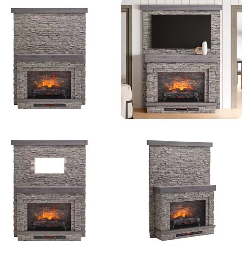 allen + roth 65-in w grey faux stacked stone free standing infrared quartz flat wall electric