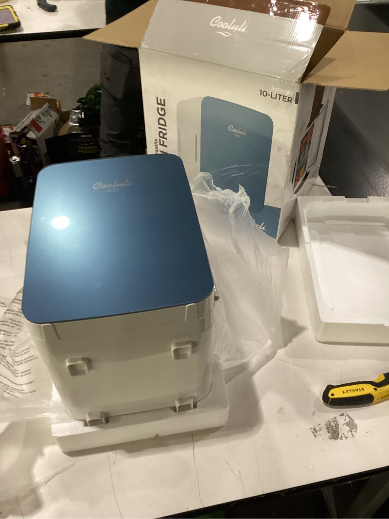 Condition photo showing New/Like New for Cooluli 10L Mini Fridge for Bedroom - Car, Office Desk & College Dorm Room - 12v Portable Cooler & Warmer for Food, Drinks, Skincare, Beauty & Makeup - AC/DC Small Refrigerator with Glass Front, Blue 10 Liter Blue