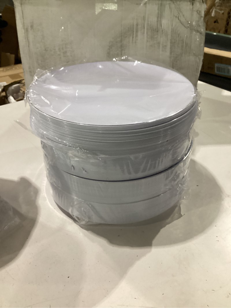 Condition photo showing New/Like New for kire 200pcs silver plastic plates - white plastic plates with silver rim include 100 dinner plate and 100 for dessert/salad plate for birthday/wedding/party/father's day silver 200 pcs