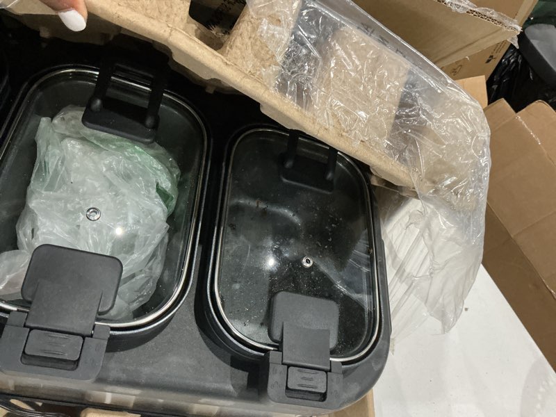 Condition photo showing As Is for amazon basics triple slow cooker with ceramic nonstick coating, individual temperature controls crock pot for parties and events, locking handles, glass lids, 3 x 2.5 quarts, stainless steel ceramic coating