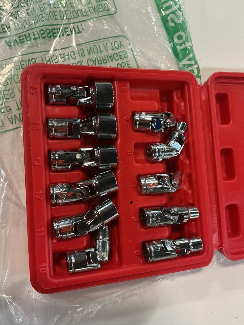 Condition photo showing As Is for ementol 12pcs 1/4" drive universal joint socket set, 6 point, metric universal flex socket set, cr-v, swivel head, 5mm - 15mm