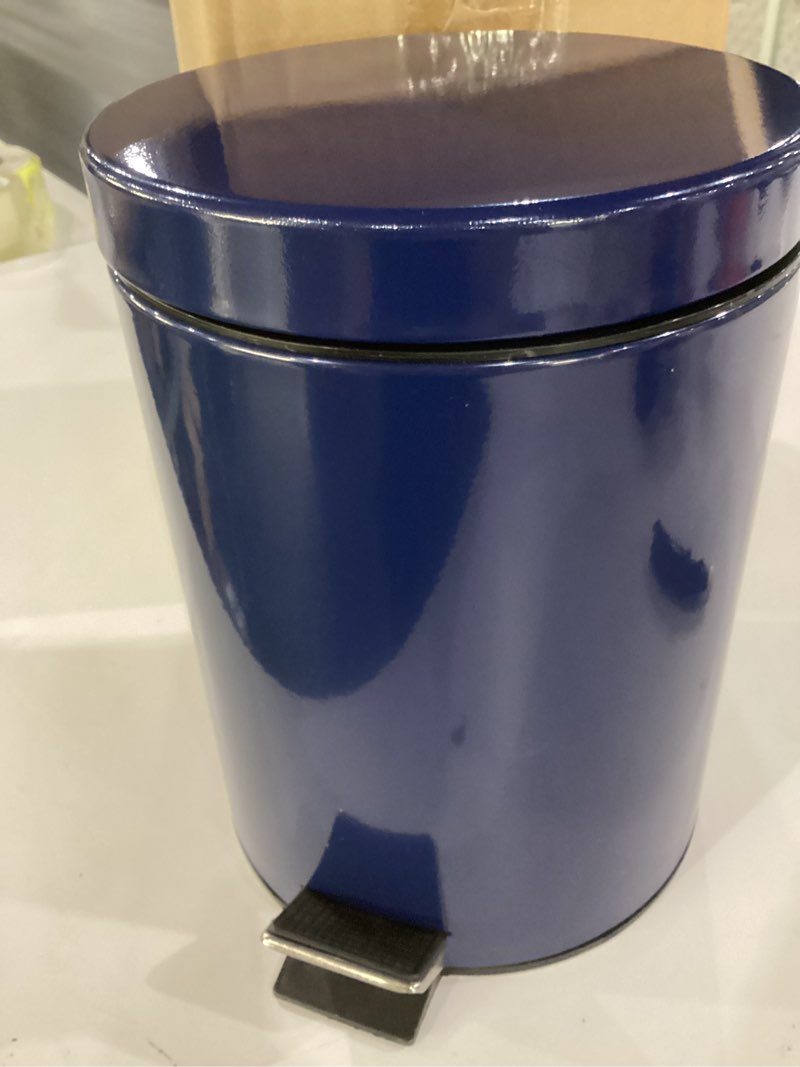 Condition photo showing As Is for mdesign pedal bin — metal waste bin with pedal, lid and plastic bucket insert — for bathroom, kitchen, and office — 5 litre household rubbish bin with ergonomic design — blue navy 5 liter