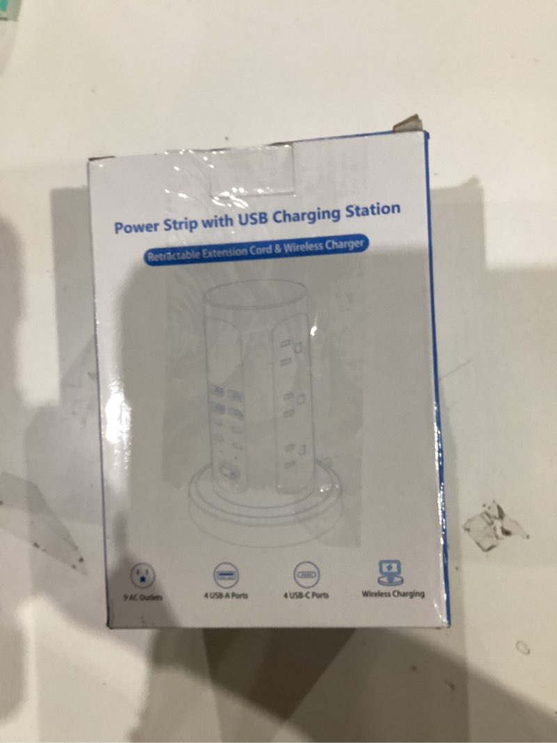 Condition photo showing New/Like New for Power Strip Tower, kakyanill Surge Protector Tower 9 AC Outlets 8 USB (4 USB C), 6 Ft Retractable Extension Cord, Charging Station for Office Dorm Room, White White USB 4.8A total