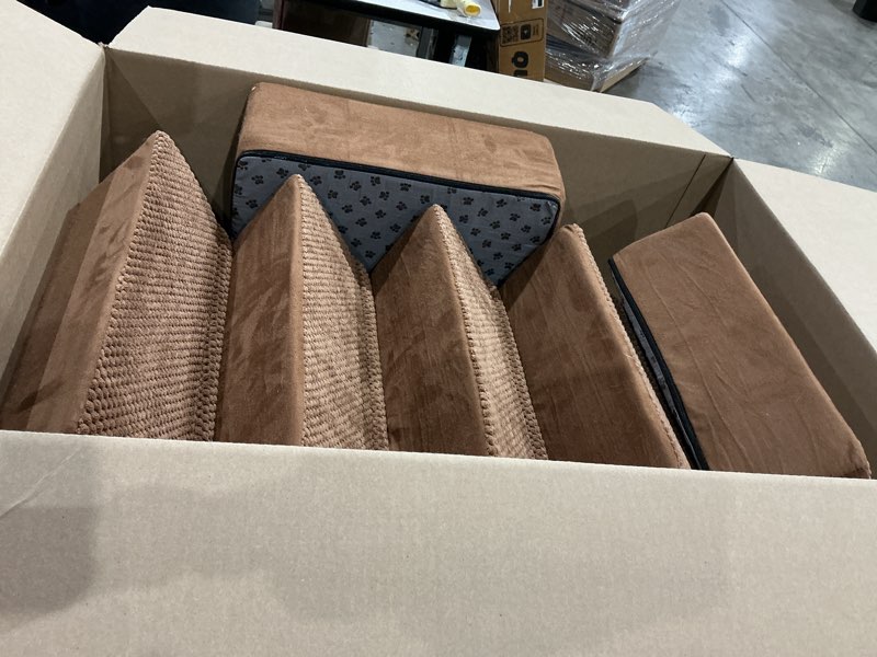 Condition photo showing As Is for pet stairs designed with a non-slip backing and a soft, patterned fabric on the side.