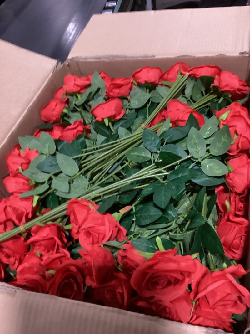 Condition photo showing As Is for Riceshoot 500 Pcs Artificial Silk Roses Flowers with Long Stem Bridal Wedding Bouquet Realistic Floral Bulks for Garden Home Party Gifts Favor Decoration(Red)