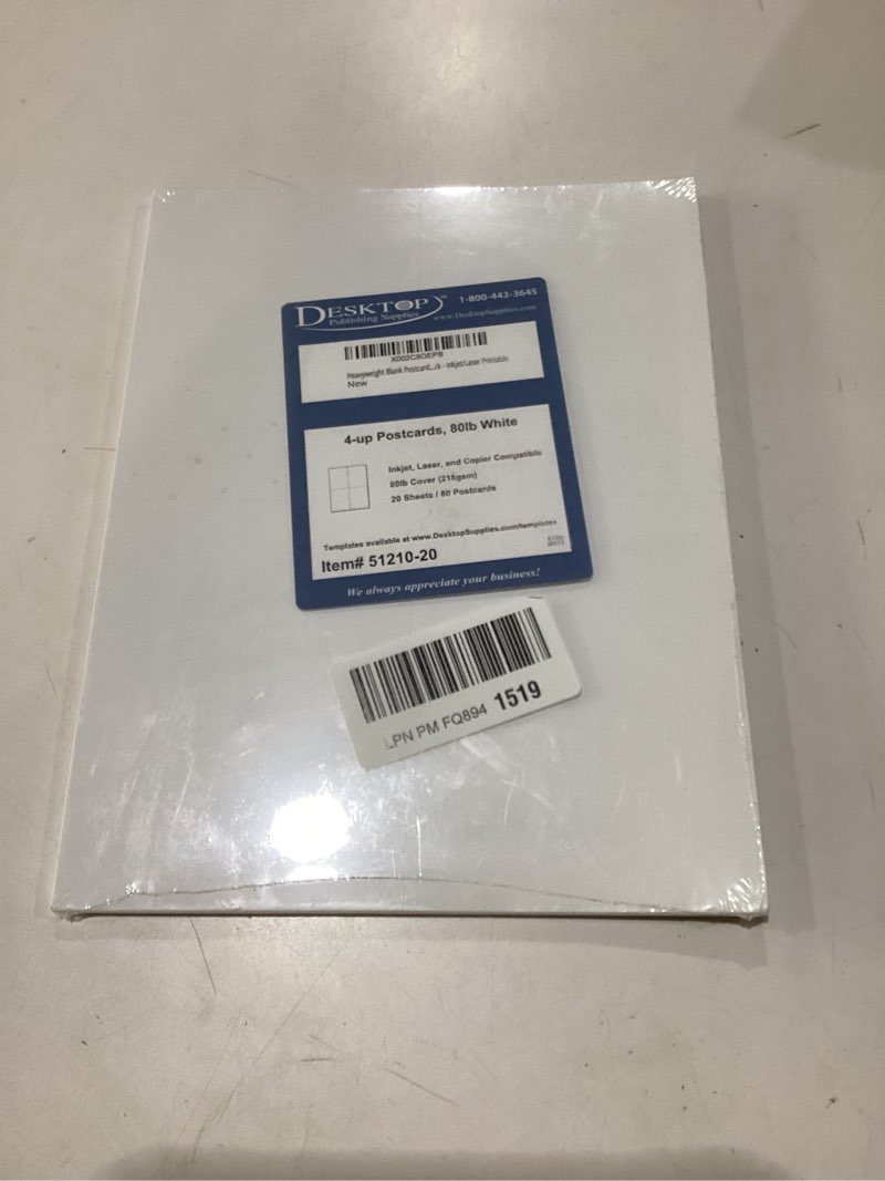 Condition photo showing New/Like New for heavyweight blank postcard paper for printing - 20 sheets / 80 postcards - white - perforated 4 per sheet - thick 80lb cover cardstock - inkjet/laser printable