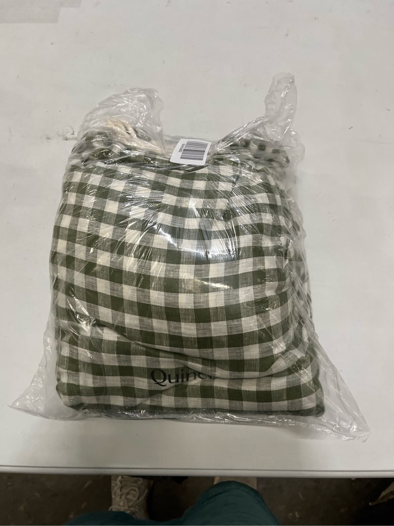 Condition photo showing Good Condition for european linen gingham duvet cover, king/cal king, olive gingham