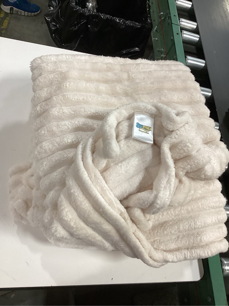 Condition photo showing As Is for (Simi)BEDELITE Fleece Throw Blanket for Couch - 300GSM Soft & Warm Fluffy Cream White Blanket, Decorative and Giftable Striped Blankets for Women, Men, 50\"x60\" Cream Throw(50\"x60\")