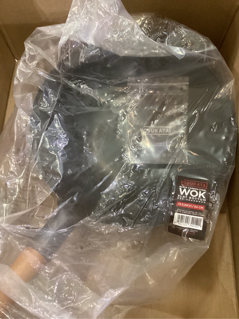 Condition photo showing New/Like New for YOSUKATA 13.5" Carbon Steel Wok Pan – Pre-Seasoned Flat Bottom Pow Wok for Stir Fry, BBQ, Grill & Camping – Traditional Japanese Chinese Cookware – Compatible with Induction, Electric, Gas, Open Fire