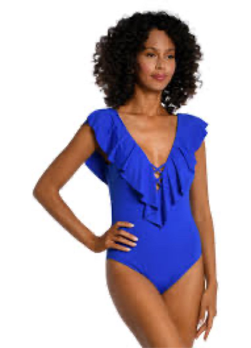La Blanca Women's Island Goddess Over The Shoulder Ruffle Plunge One Piece, Sapphire, 14